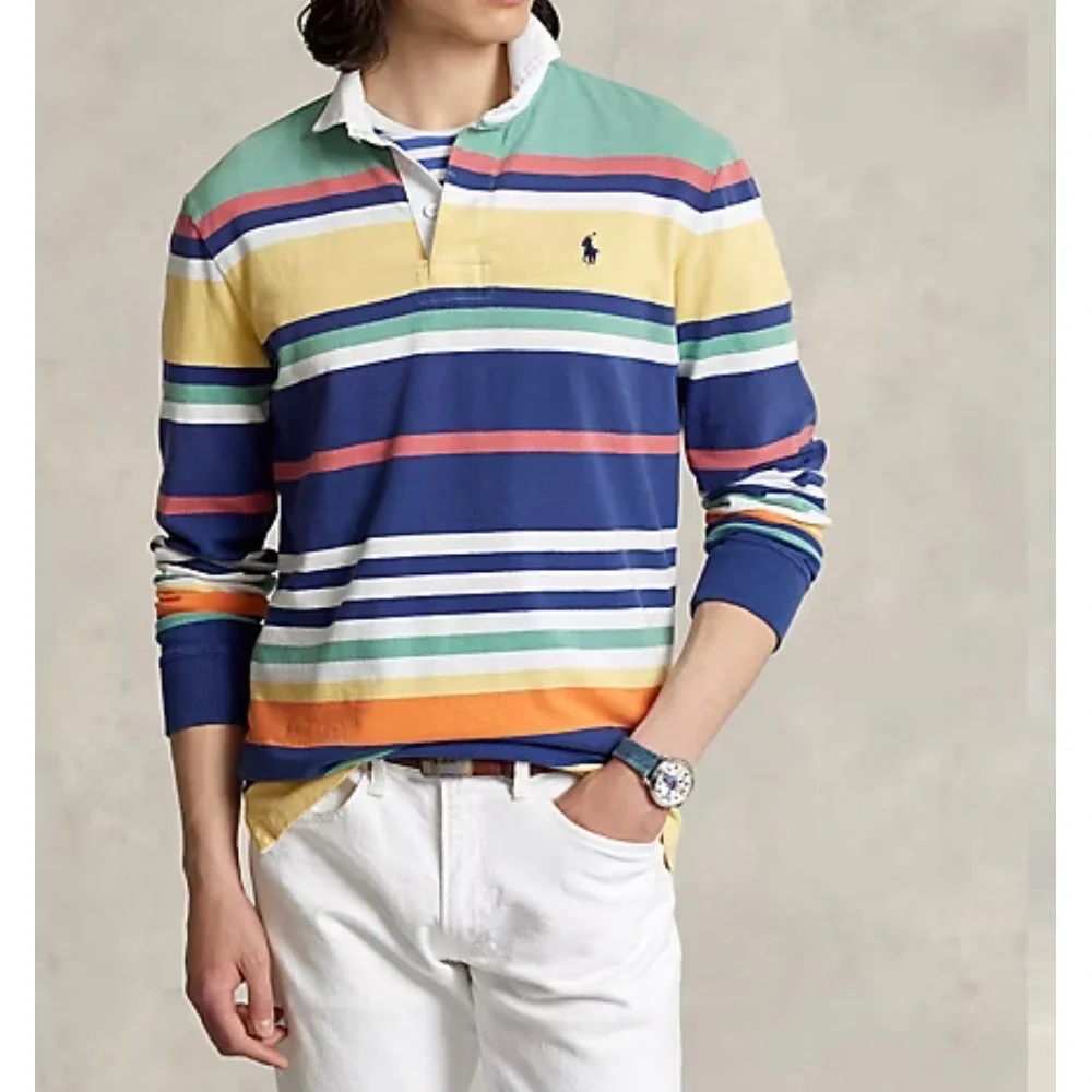 Polo Ralph Lauren Mens Large Iconic Classic Striped Ivy Rugby Shirt Multi Color